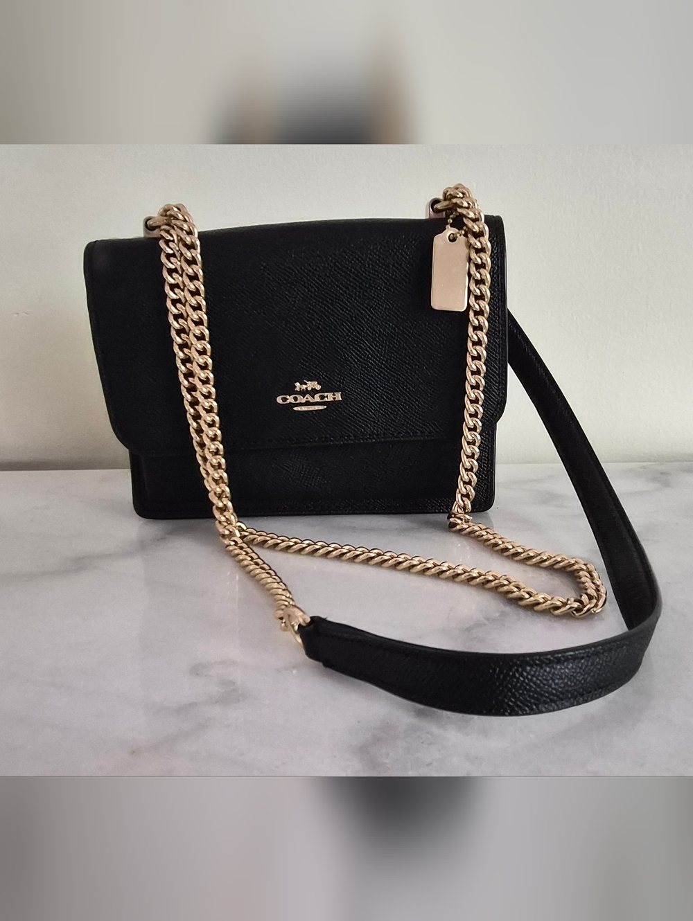 Coach Black Leather Chain Shoulder Bag with Gold Hardware